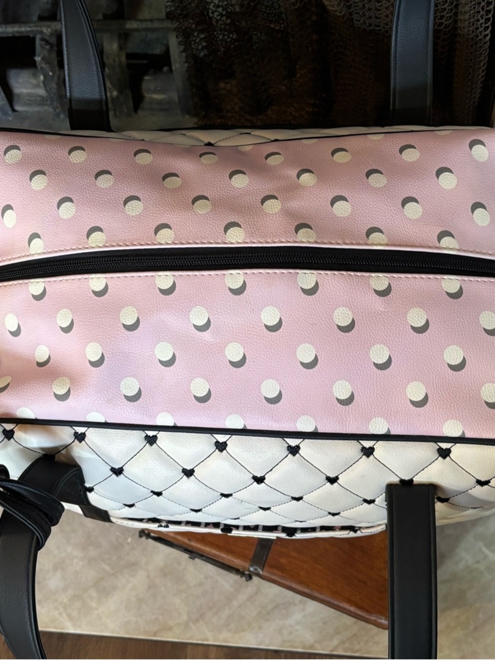 Betsey Johnson Quilted White, Pink, and Black Travel/Overnight Bag With Clutch. - Picture 2 of 16